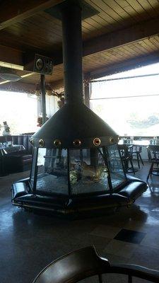 Inside cafe has a cool fire place