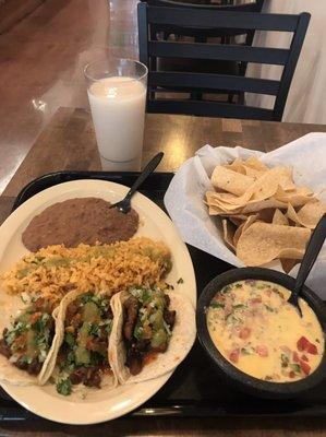 Taco Plate (Pastor) Chips and Queso and Horchata!