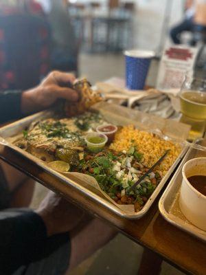 Enchiladas, rice & beans