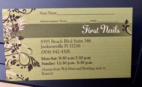 First Nails' business card.  Support local!