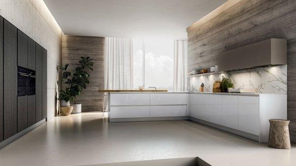 White kitchen cabinet, marble countertop and wood wall