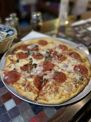 Mushroom, Pepperoni, and Onion Pizza