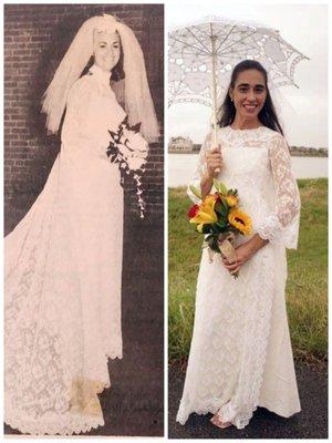 My mother and me in the same dress 52 years apart. She did such an amazing job with the lace neckline!