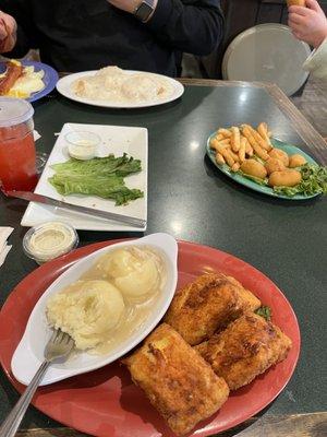 The fried grilled cheese toasties, mini corn dogs and my husbands biscuits and gravy