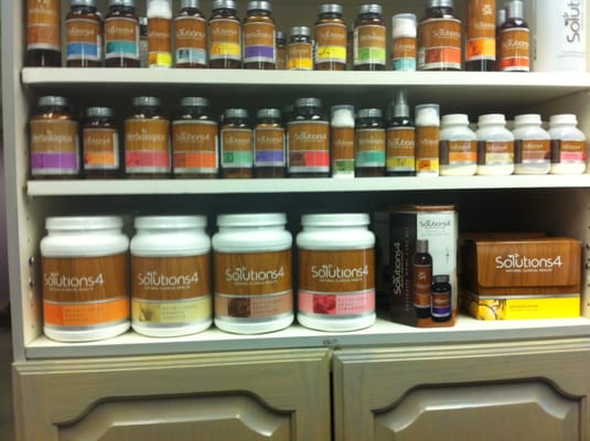 All the awesome supplements at Dr. Schwartz's place; I really like the digestive enzymes and the chocolate shake!