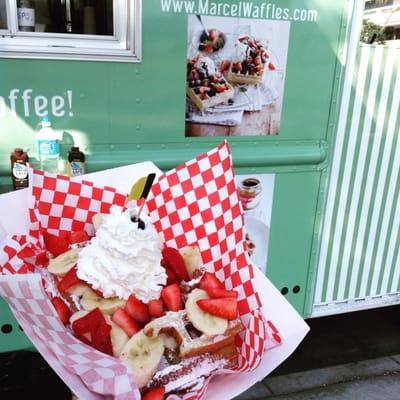 Brussels waffle with strawberries, bananas and whipped cream!