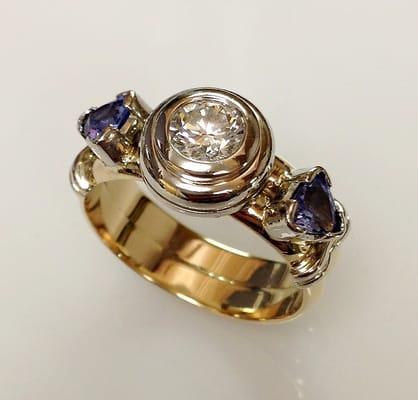 Ladies two-tone bezel set diamond & Tanzanite engagement ring Ginis Goldsmiths, Midland, MI