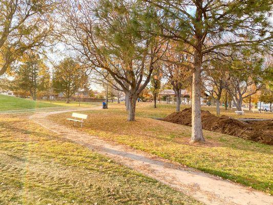 Playground area on the right and beautiful sidewalk