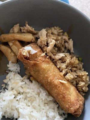 Chicken teriyaki, chicken fried rice, white rice and egg roll