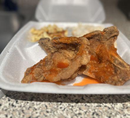 Pork chops, Mac & Cheese and White Rice and gravy