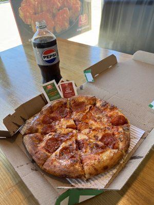 Pepperoni pizza and drink $10.00