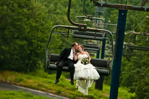 Meg and Brian ride up to the top of Mt. Washusetts after they were married in July, 2010