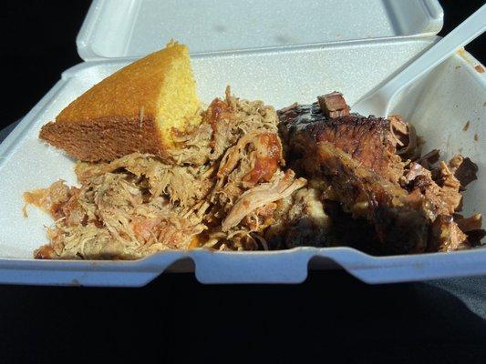 Corn bread, pulled pork, beef brisket