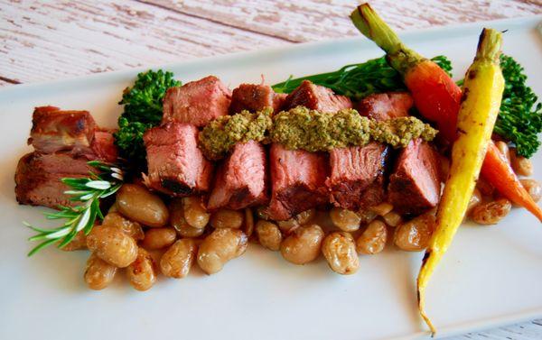 Sonoma lamb chops, Cannellini bean ragout, pistachio-mint pesto