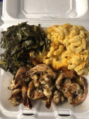 Jerk Shrimp, Mac and Greens