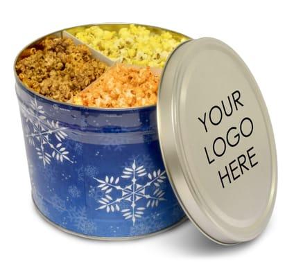 Snowflake Tin: the perfect popcorn present to send during the colder months! Custom imprinting available.