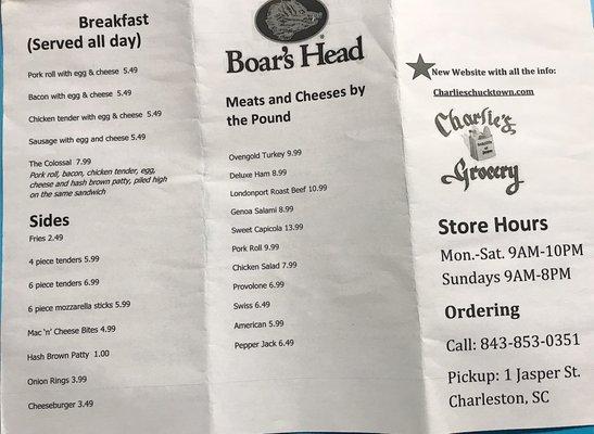 Take Out Menu (Charlie's Grocery: Charleston, SC)