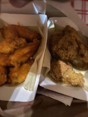 Buffalo wings and spicy wings. Hot and smells great!!!