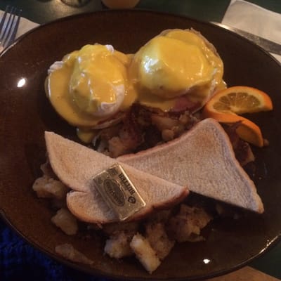 Eggs Benedict, breakfast potatoes, and toast! $11