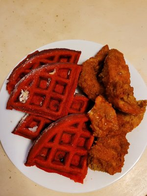 Boneless (Buffalo Mild) Chicken and Red Velvet Waffle I ordered via UberEats - - Absolutely Delicious!