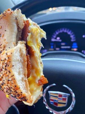 Bacon, egg and cheese on an everything bagel.