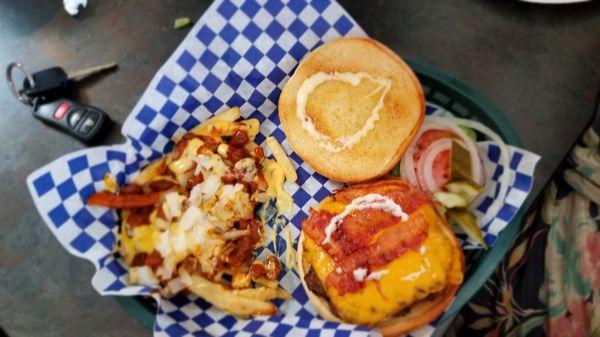 Bacon Swiss burger with chili cheese fries