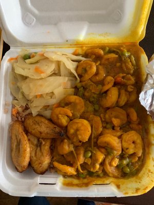 Curry Shrimp (Mondays and Friday Special), rice and peas, cabbage, Sweet Plantains (medium)