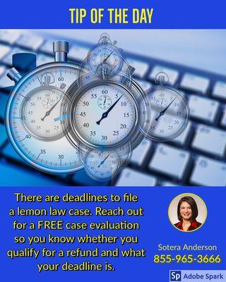 Don't let your lemon law deadline pass. Free case evaluations. Lemon Law Attorney Sotera Anderson