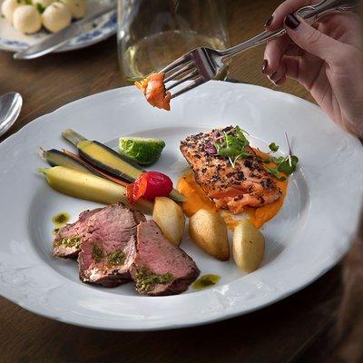 Peppercrusted Filet, Salmon, Carrot Puree, Heirloom Vegetable