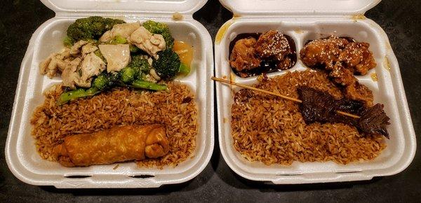 Chicken/Broccoli & Sesame Chicken combination meals w/ pork fried rice, 1 egg role and 1 beef teriyaki stick