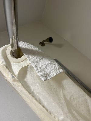 Dirty washcloth still hanging in shower from previous guest.