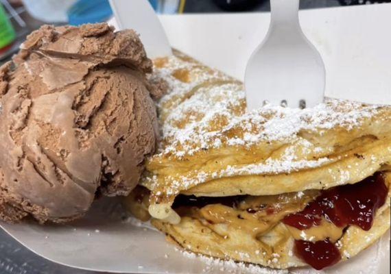 Our peanut butter and jelly waffle with chocolate ice cream.