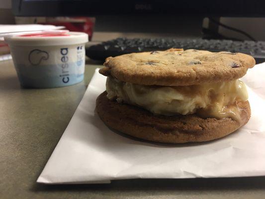 Ice cream sandwich and scoop of strawberry sorbetto