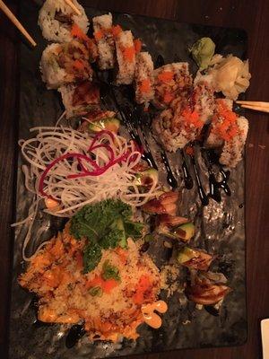 (L to R) Spider roll, dragon roll, volcano roll