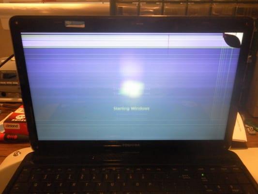 This laptop's screen was damaged from too much pressure when opening the lid.