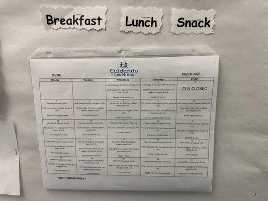 March 2023 children's menu.