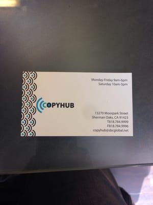 Copy Hubs business card for business hours and tel info