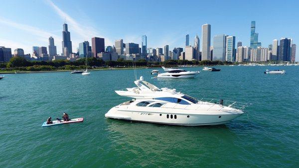 "Trinity" our 60ft Azimut Yacht anchored by the Chicago Skyline