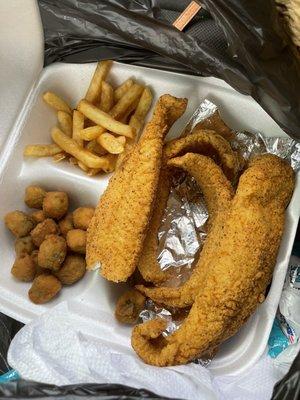 Catfish dinner with Okra and French fries