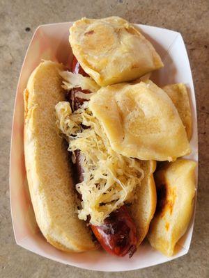 Polish plate (beef sausage, sauerkraut with 4 pierogies. (Corned beef and Swiss, Buffalo chicken, potato and cheese)