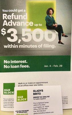 ADVANCE on your REFUND!! NO INTEREST & NO LOAN FEES!