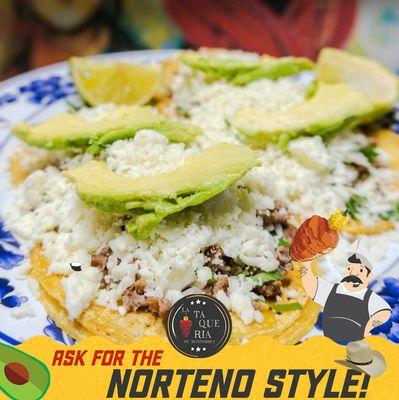 your choice of asada or trompo al pastor tacos plus fresh cheese and avocado