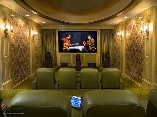 A Classic South Carolina Home Theater with Free Standing Front Speakers and In-wall Sides & Rears...