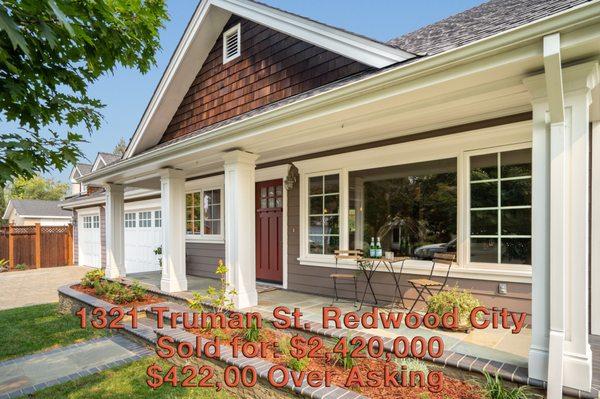 1321 Truman St. Redwood City
 Sold for $2,420,000. $422,000 Over Asking