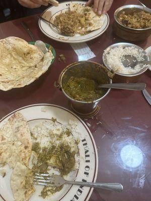 Balti Palak, onion kulcha, lamb biryani