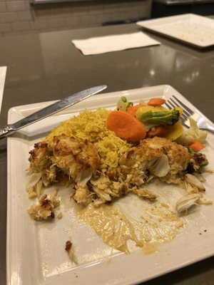 Two Jumbo Lump Crab cakes( MD) Basmati rice and mixed Vegetables.