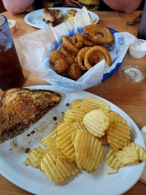 Patty Melt, thick sliced Reuben, onion rings and battered mushrooms!!!