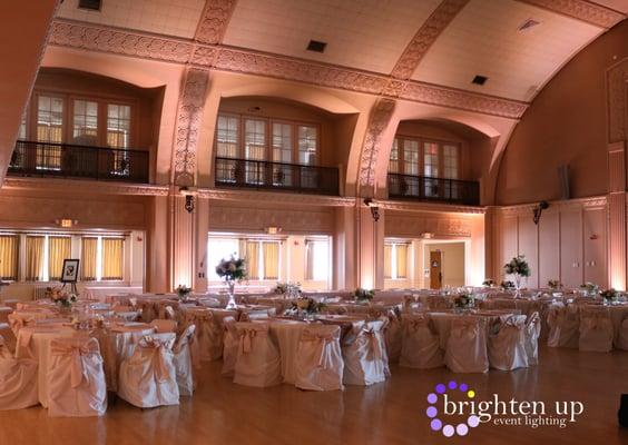 Masonic Temple Sacramento Wedding Blush Uplighting | Mimi Co Linen | Brighten Up Event Lighting