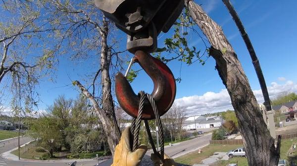 Setting the eye to the hook on the crane.