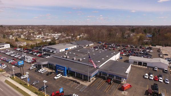 Aerial view of the main buildings of the dealership